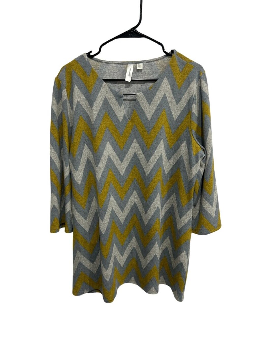 Tacera Chevron Gray Mustard 3/4 Sleeve Tunic Top Size XL Boho Modern